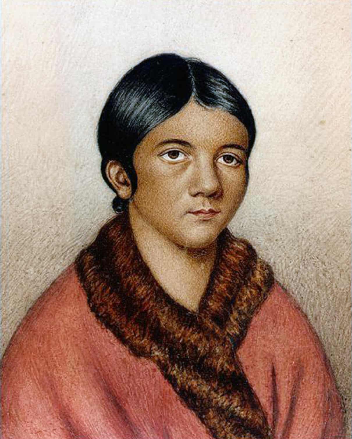 A miniature portrait titled ‘A female Red Indian of Newfoundland’ which some sources date to 1841. It is believed to be a portrait of Shanawdithit, a Beothuk woman. Most likely a painted copy of Portrait of Demasduit (Mary March), by Lady Henrietta Hamilton (1819.