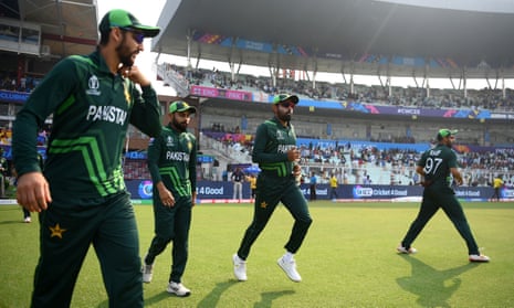 Pakistan captain Babar Azam and his players makes their way out to field during the ICC Men's Cricket World Cup India 2023 between England and Pakistan.