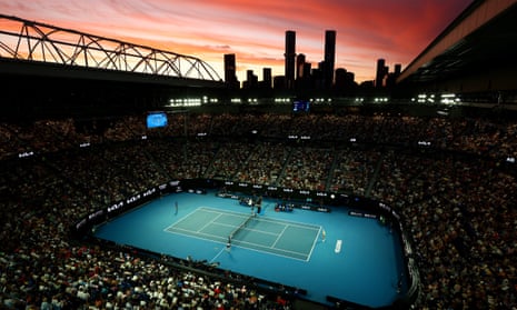 A general view during the first round match of the Australian Open between Novak Djokovic and Dino Prizmic as the Melbourne skyline is seen in the background