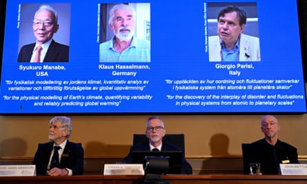 Nobel physics committee members announcing the winners of the 2021 Nobel prize in physics including Giorgio Parisi, Stockholm, Sweden, October 2021