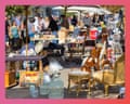 Outdoor flea market with tables of antiques, birdcages, chairs, and a mannequin form
