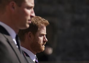 Prince William, Duke of Cambridge, and Prince Harry, Duke of Sussex, walk during the funeral procession of Britain’s Prince Philip to St George’s Chapel in Windsor Castle.