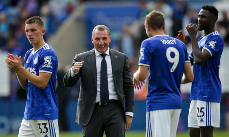 Then and now: what has changed since opening Premier League games? | Premier League 3 Brendan Rogers celebrates with Jamie Vardy after the forward’s winner against Wolves.