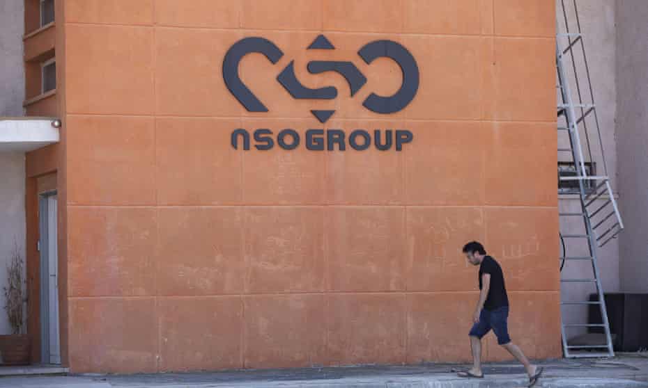 A logo adorns a wall on a branch of the Israeli NSO Group company, near the southern Israeli town of Sapir.