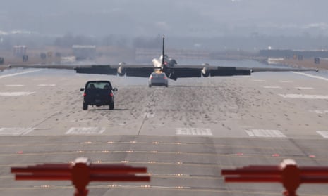 A U-2 ultra-high-altitude reconnaissance aircraft operated by the US air force lands at Osan airbase, south of Seoul, on Monday.
