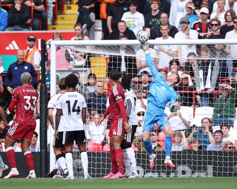 Bernd Leno makes a save for Fulham in their Premier League match against Liverpool.