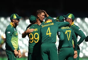 Dwaine Pretorius of South Africa celebrates after taking the wicket of Marcus Stoinis of Australia during game two of the Gillette One Day International series between Australia and South Africa at Adelaide Oval.