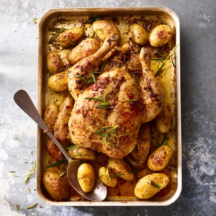 Roast chicken with anchovy, rosemary, chilli and garlic butter.