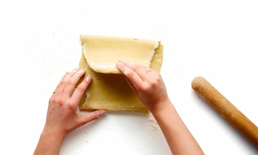Roll the dough into a rectangle, then fold into thirds. Chill, then repeat.