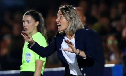 Sonia Bompastor gesticulates on the touchline
