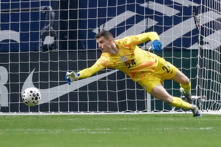 Goalkeeper Matt Freese of the USA can’t get to the 1-0 goal scored by Francisco Trincao of Portugal during the first half of the international friendly match between the USMNT and Portugal
