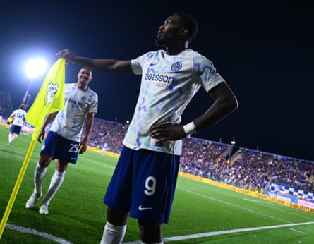 Marcus Thuram celebrates aft scoring 1 of his 2 goals successful nan 4-3 conclusion of Como.