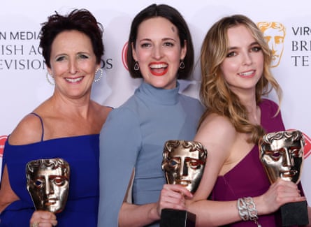 With Phoebe Waller-Bridge, Jodie Comer and their respective Baftas for Killing Eve, in 2019.