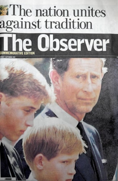 An Observer front page with a large strapline ‘The nation unites against tradition’ and a large photograph of Prince Charles with tyhe young Princes William and Harry
