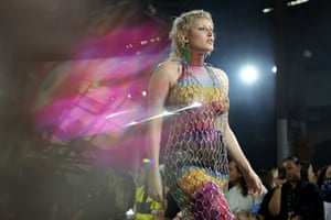 Model in colourful knitted dress