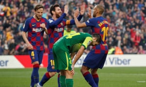 Braithwaite celebrates with Messi after setting up Barcelona’s fourth goal in their 5-0 win over Eibar, having come off the bench to make his debut just two days after joining the club in February.