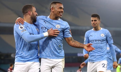 Manchester City’s Gabriel Jesus (centre) celebrates scoring his first goal of the game against Wolves.
