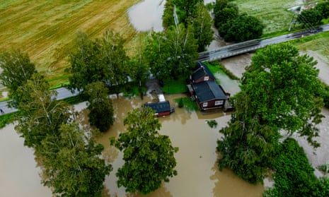 aerial view of Flooded houses in Lena, Norway