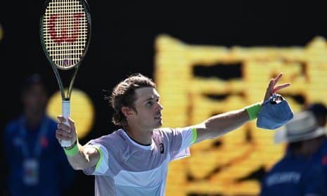 Alex de Minaur of Australia celebrates after winning his match against Benjamin Bonzi of France at the Australian Open.