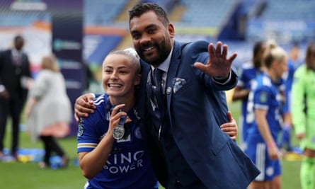 Jonathan Morgan: ‘Burnley brought me in on my merits rather than perception and biases’ | Women's football 6 Leicester’s Hannah Cain and Jonathan Morgan enjoy the Championship title presentation in May 2021.