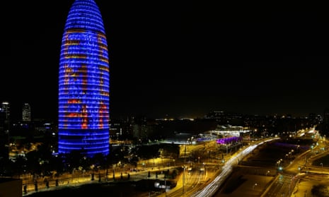 The Agbar tower in Barcelona is illuminated with “EMA BCN”