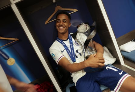 The Ipswich forward Omari Hutchinson with the trophy he won with England’s under-21s this summer.