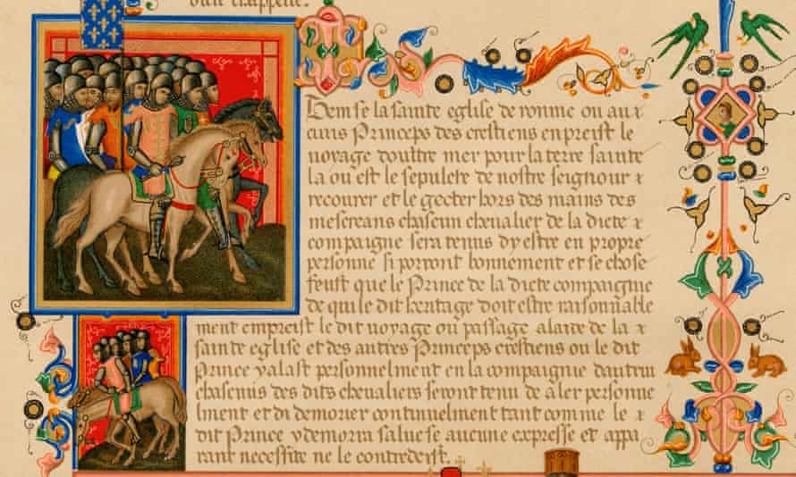 Illuminated manuscript page depicting warhorses in the crusades, in old French.
