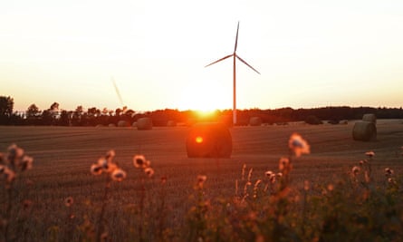 A wind turbine in a field near Vadstena, Sweden