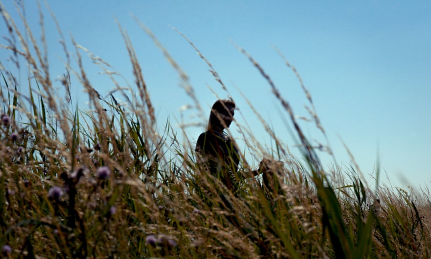 Anonymous woman in a field of tall grasses against a blue sky