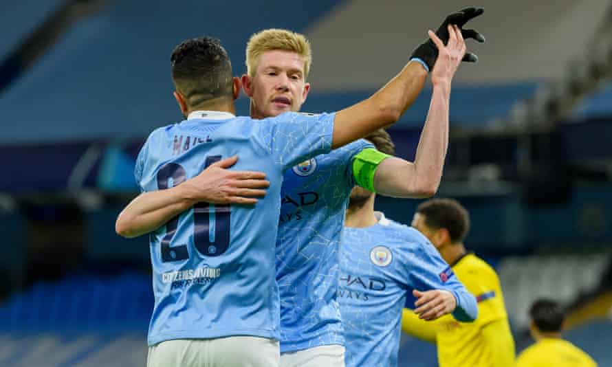 Kevin De Bruyne celebrates scoring City’s first goal in the first half.