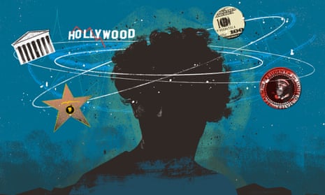 Silhouette of head surrounded by symbols including Hollywood sign