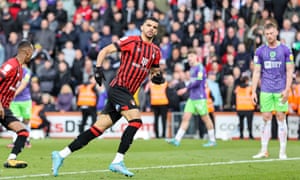 Dominic Solanke of Bournemouth celebrates after he scores a goal to make it 1-1 .