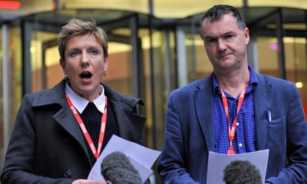 Liz MacKean and Meirion Jones making their statement outside BBC Broadcasting House in London on 19 December 2012 after the release of the Pollard report.