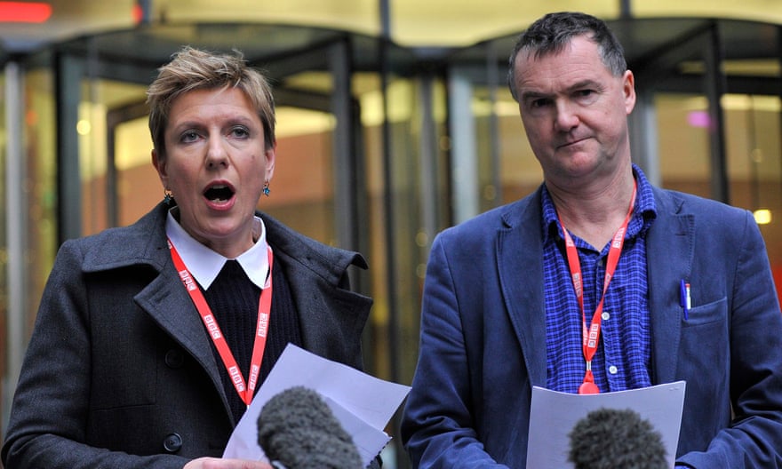 Liz MacKean and Meirion Jones making their statement outside BBC Broadcasting House in London on 19 December 2012 after the release of the Pollard report.