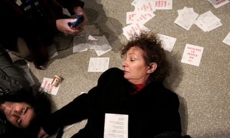 Artist Nan Goldin at her ‘die-in’ at the Guggenheim in February. Goldin decided to speak out against the Sacklers following her own near-fatal addiction to opioids after being prescribed OxyContin.