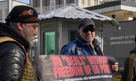 People attend a rally addressed to the US government, asking for help in freeing Ukrainian prisoners of war held captive in Russia, in front of the US Embassy in Kyiv.