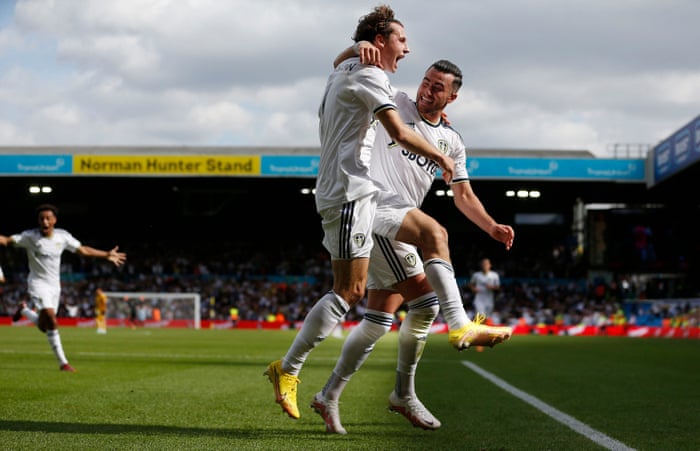 Leeds United’s Brenden Aaronson celebrates their second goal with Jack Harrison.