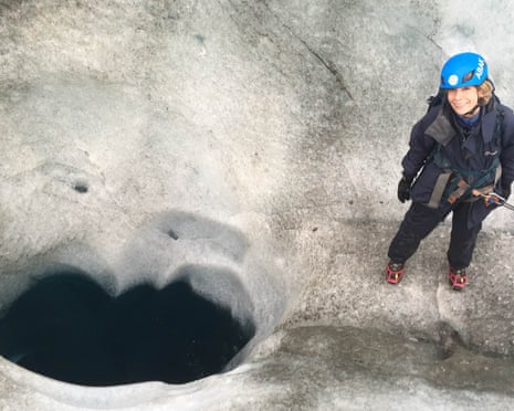 Michelle Paver by the moulin, on the glacier - Mendenhall Glaciar
