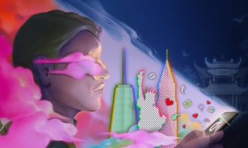 Illustration of the side profile of a Chinese man holding a phone displaying the Douyin logo; within his line of sight there are icons and images of the New York skyline; in the background there is a Chinese-style tower