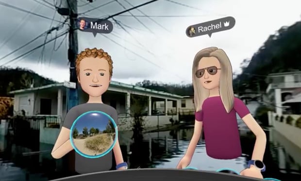 A cartoon Zuckerberg, with Facebook’s head of social virtual reality, Rachel Franklin, on a flooded street. ‘One of the things that’s really magical about VR is you can get the feeling you’re really in a place.’