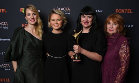 Shannon Murphy, Eliza Scanlen, Alex White and Jan Chapman pose with the award for Best Film at the 2020 AACTA Awards at The Star in Sydney