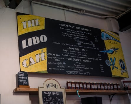 A menu on a chalkboard at the Lido cafe in Parliament Hill Lido, Hampstead Heath