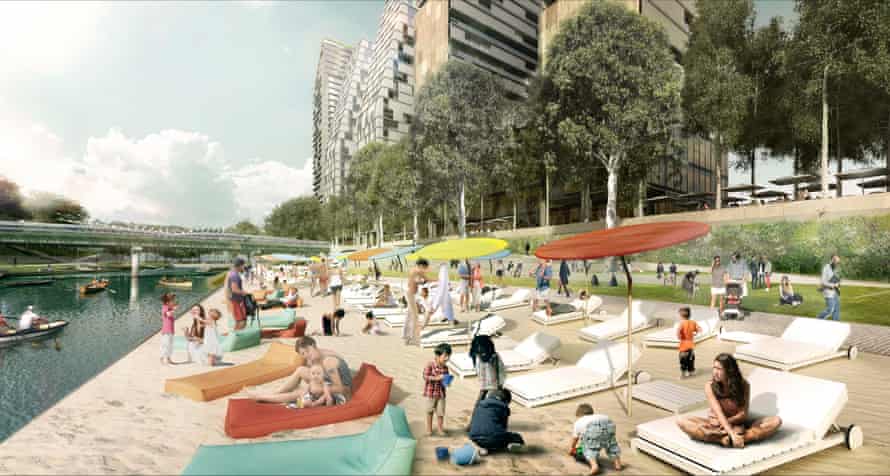 Render of Parramatta City River Beach, winner of the Australian Institute of Landscape Architects Urban Design Award.