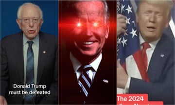 three side by side photos showing, from left, Bernie Sanders with the subtitle 'donald trump must be defeated', joe biden with red laser eyes superimposed, and trump hugging a US flag