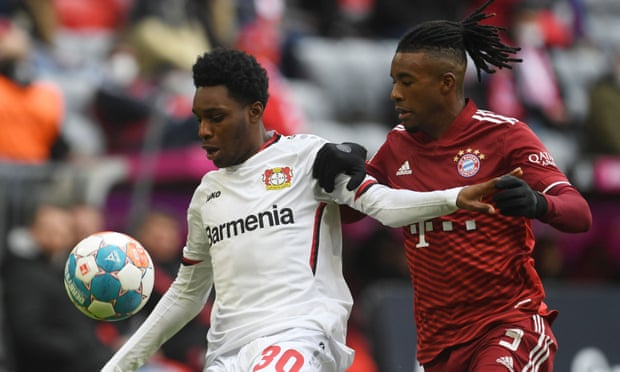 Omar Richards battling Bayer Leverkusen’s Jeremie Frimpong