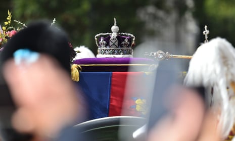 The imperial state crown on the Queen’s coffin during her funeral at Westminster Abbey. 