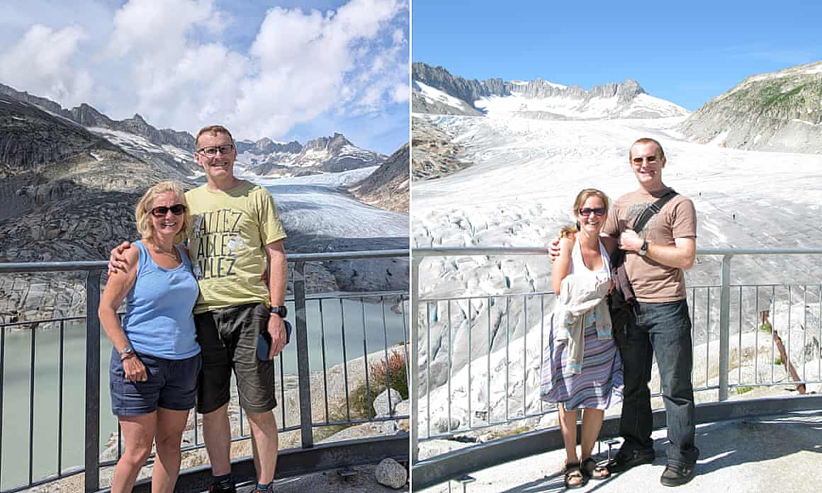 A composite of two photos shows Duncan and Helen Porter at the same spot in the Swiss Alps almost exactly 15 years apart, with the photo on the right from 2009 showing the vast white of a glacier behind them while the more recent photo showing gray rock and a vast green lake