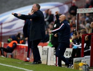 Stoke’s new manager Michael O’Neill celebrates his team’s first goal.