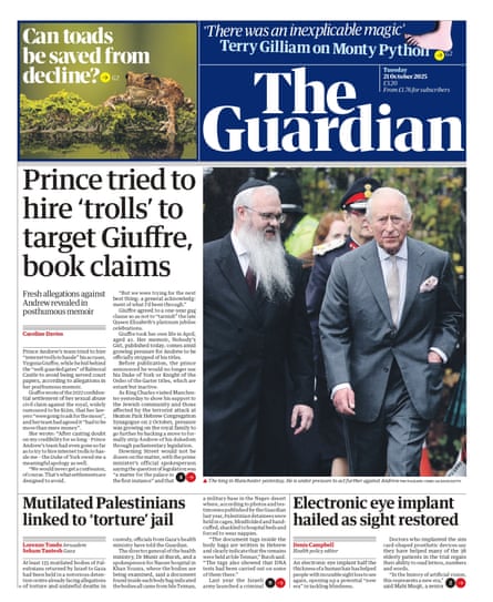 Guardian front page, 21 October, 2025.