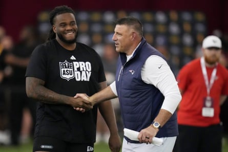 Arizona State offensive lineman Max Iheanachor meets New England Patriots head coach Mike Vrabel